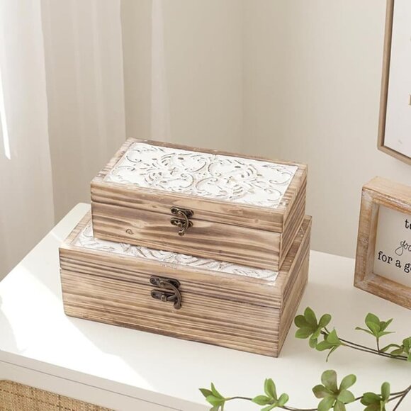NEW Set of 2 - Wooden Box Rustic Farmhouse Decorative Boxes with Hinged Lid - Picture 1 of 10